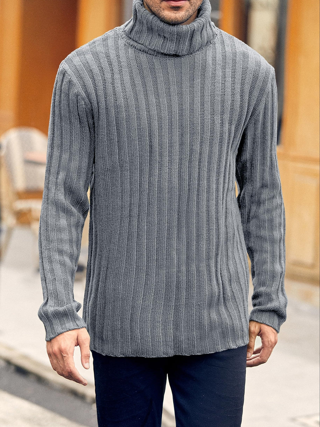 Mens Sweaters Turtleneck Cable Knitted Pullover Long Sleeve