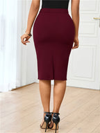 Women's Elegant High-Waisted Stretchy Long Skirt - Slim-Fit Burgundy with Front Zipper Closure, Back Slit & Decorative Button Accent - Structured Office to Semi-Formal Wear, Machine Washable High-Stretch Fabric (No Belt Requi