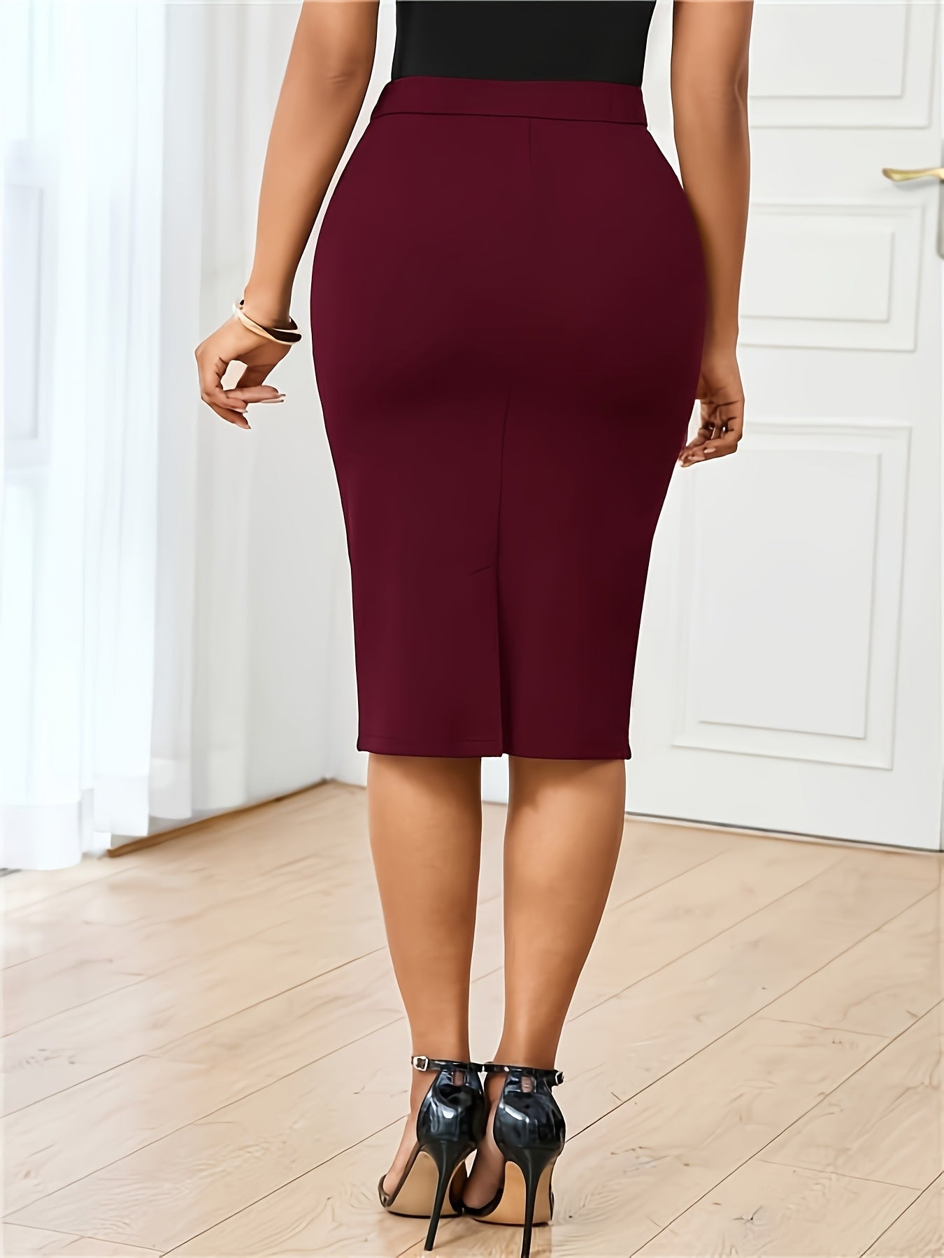 Women's Elegant High-Waisted Stretchy Long Skirt - Slim-Fit Burgundy with Front Zipper Closure, Back Slit & Decorative Button Accent - Structured Office to Semi-Formal Wear, Machine Washable High-Stretch Fabric (No Belt Requi