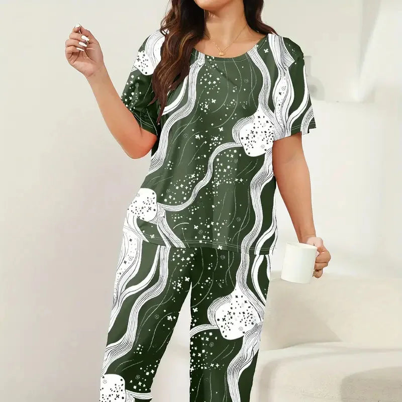 New women's pajama set, a two-piece set including a short-sleeved shirt and pants, comfortable pajamas for summer at home.