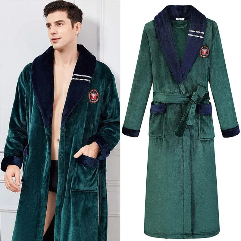 Autumn/Winter Men Nightgown Kimono Bathrobe Gown Coral Fleece Negligee V-neck Intimate Lingerie Solid Colour Sleepwear