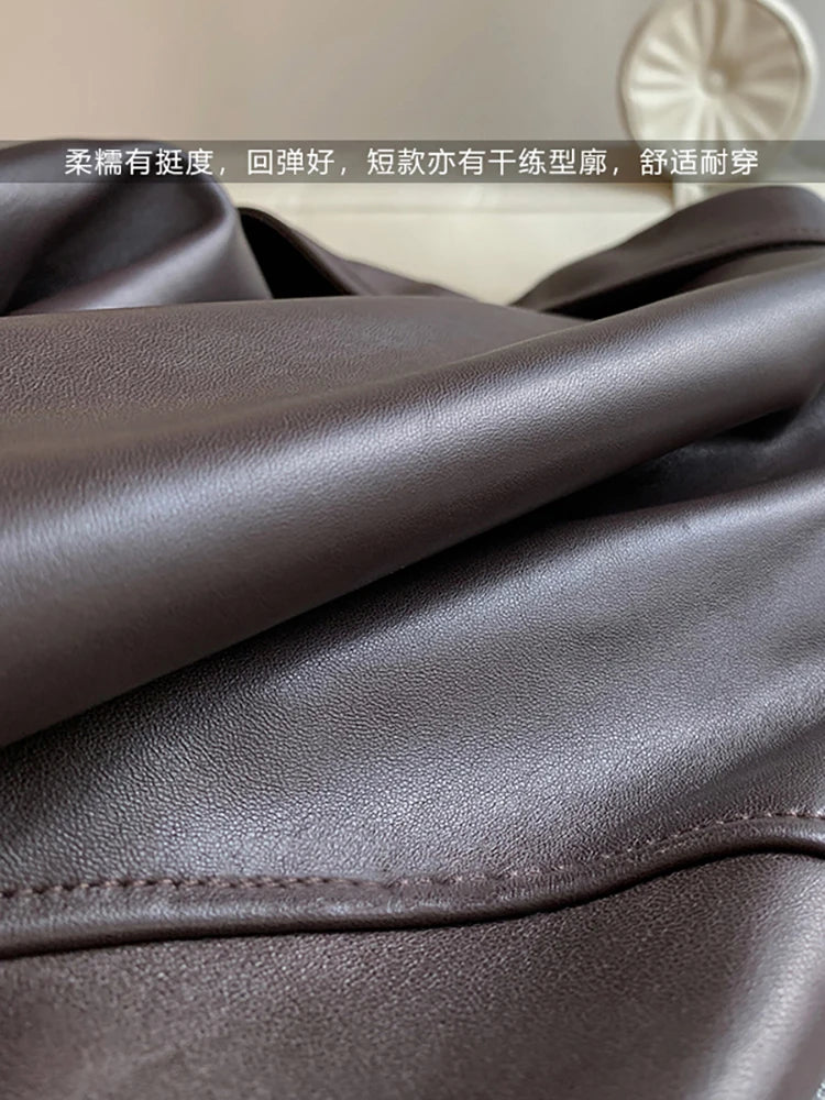 Nerazzurri Spring Autumn Brown Short Soft Pu Leather Jacket Women Long Sleeve Pocket Loose Casual Korean Fashion Clothing 2025