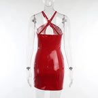 Summer PVC Bodycon Halter Sleeveless Dress Club Latex Leather Midi Dresses Women Bare Chest Hollow Sexy Bag Hip Skirt New Custom