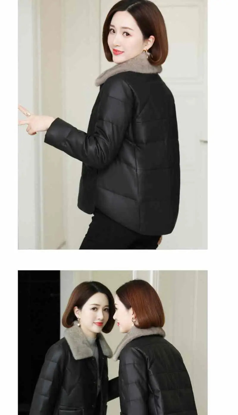 Women's PU Leather Jacket Winter Parkas Fashion Big Fur Collar Down Cotton Coat Female Leather Windbreaker Outerwear  Y765