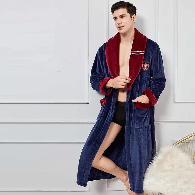 Autumn/Winter Men Nightgown Kimono Bathrobe Gown Coral Fleece Negligee V-neck Intimate Lingerie Solid Colour Sleepwear