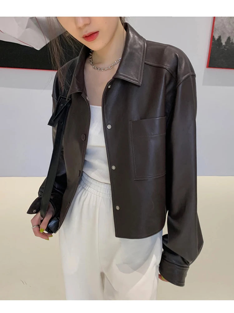 Nerazzurri Spring Autumn Brown Short Soft Pu Leather Jacket Women Long Sleeve Pocket Loose Casual Korean Fashion Clothing 2025