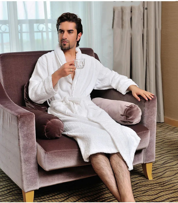 Bathrobe Men 100% Cotton White Terry Fleece Towel Winter Robes Men's Robe Long Robe For Men Absorbent Bathrobes Home Clothes