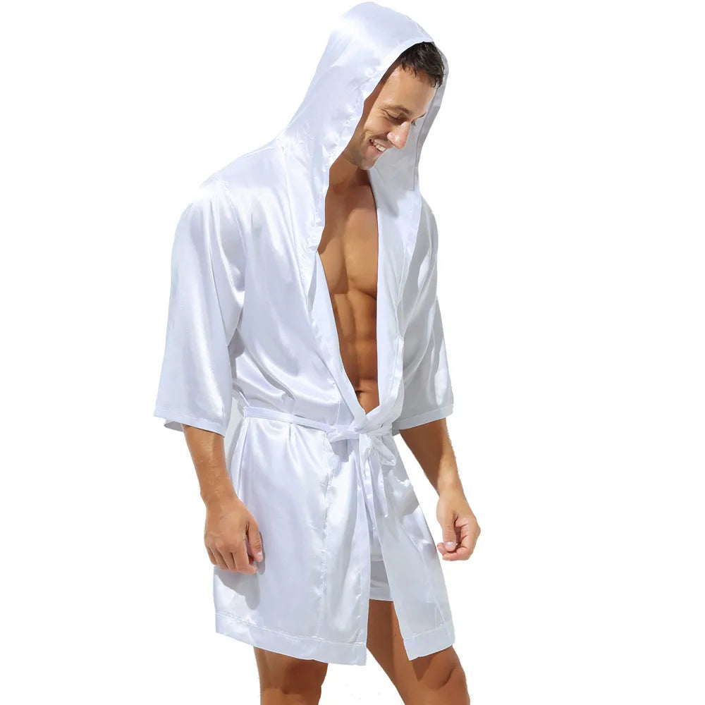 Mens Hooded Bath Robe Short Sleeve House Robe Satin Silk Lounge Bathrobes with Belt Men's Pajamas Homme Kimono Robes Sleepwear