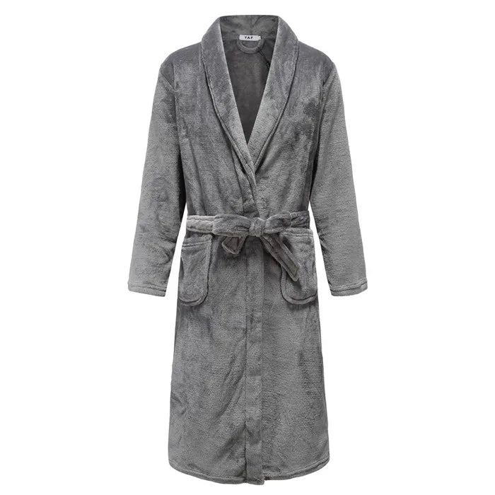 Autumn/Winter Men Nightgown Kimono Bathrobe Gown Coral Fleece Negligee V-neck Intimate Lingerie Solid Colour Sleepwear
