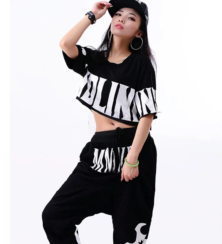 Hip Hop Costume Black Short Sleeve Loose Harem Pants Women Street Dance Clothing Ladies Stage Outfit Dj Ds Rave Wear top pant