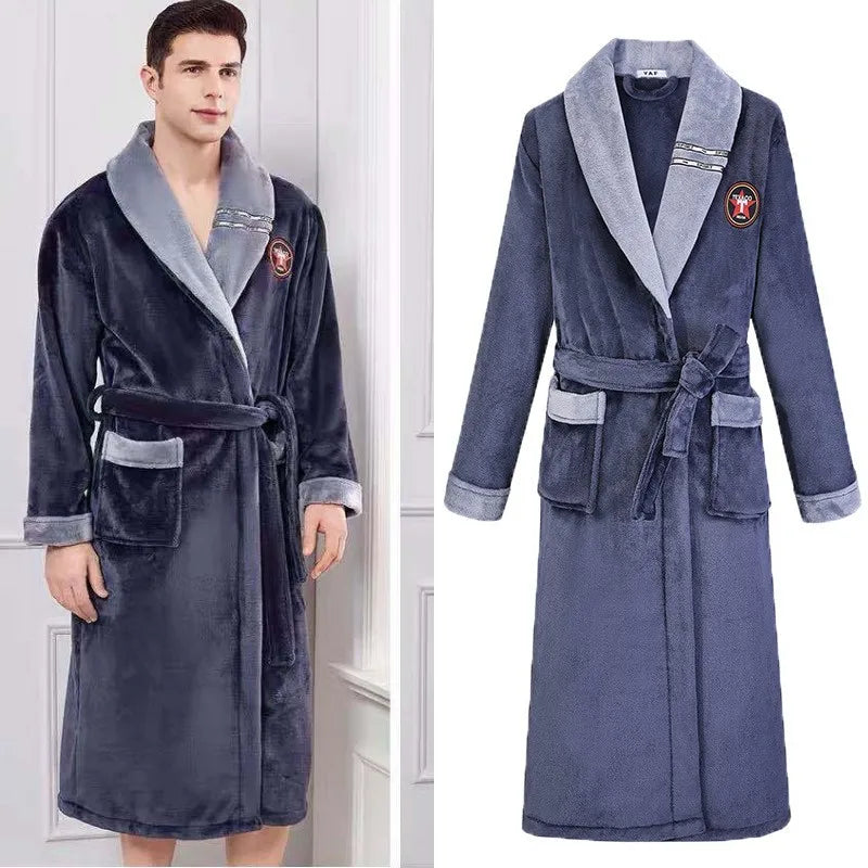 Autumn/Winter Men Nightgown Kimono Bathrobe Gown Coral Fleece Negligee V-neck Intimate Lingerie Solid Colour Sleepwear