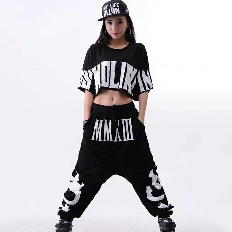 Hip Hop Costume Black Short Sleeve Loose Harem Pants Women Street Dance Clothing Ladies Stage Outfit Dj Ds Rave Wear top pant