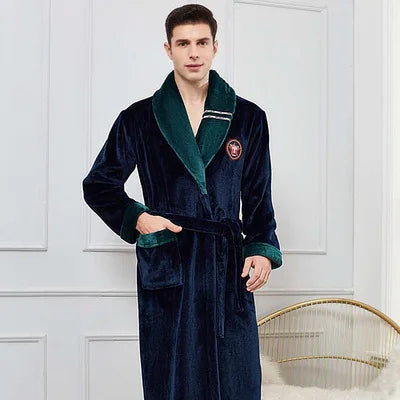 Autumn/Winter Men Nightgown Kimono Bathrobe Gown Coral Fleece Negligee V-neck Intimate Lingerie Solid Colour Sleepwear