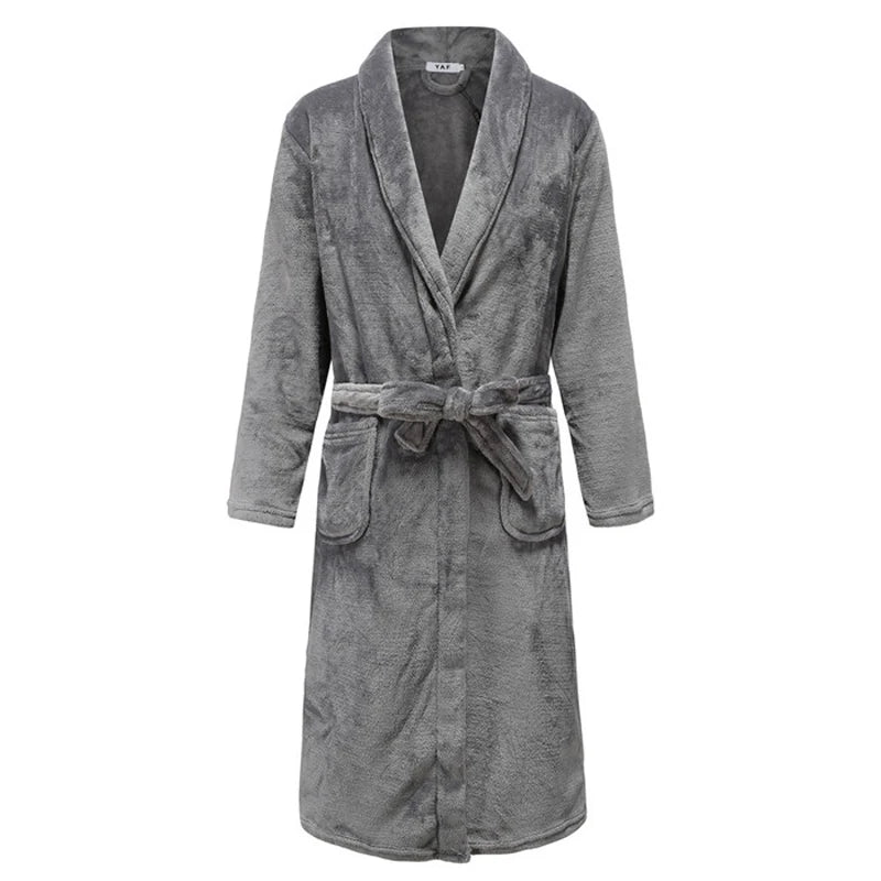 Autumn/Winter Men Nightgown Kimono Bathrobe Gown Coral Fleece Negligee V-neck Intimate Lingerie Solid Colour Sleepwear