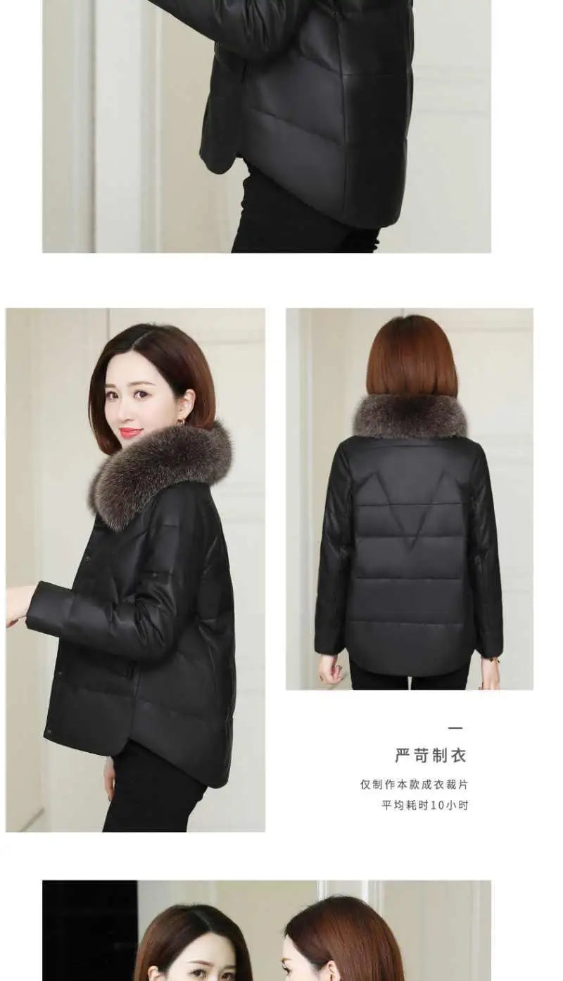 Women's PU Leather Jacket Winter Parkas Fashion Big Fur Collar Down Cotton Coat Female Leather Windbreaker Outerwear  Y765