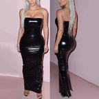 Sexy Sleeveless Long Leather Dress Women Strapless Floor Dress Hem Split Ladies Shiny Patent Leather Bodycon Halter Dress Custom