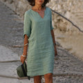 Vintage Women Solid Mini Dress Summer Fashion V-neck Three Quater Sleeve Cotton Linen Dress Ladies Casual Holiday Vestidos