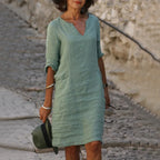 Vintage Women Solid Mini Dress Summer Fashion V-neck Three Quater Sleeve Cotton Linen Dress Ladies Casual Holiday Vestidos