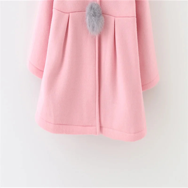 2025Children's coat Autumn Winter New Girl David Jacket Long Solid color Cute Cartoon Rabbit Ears Hooded Coat 0-5Y