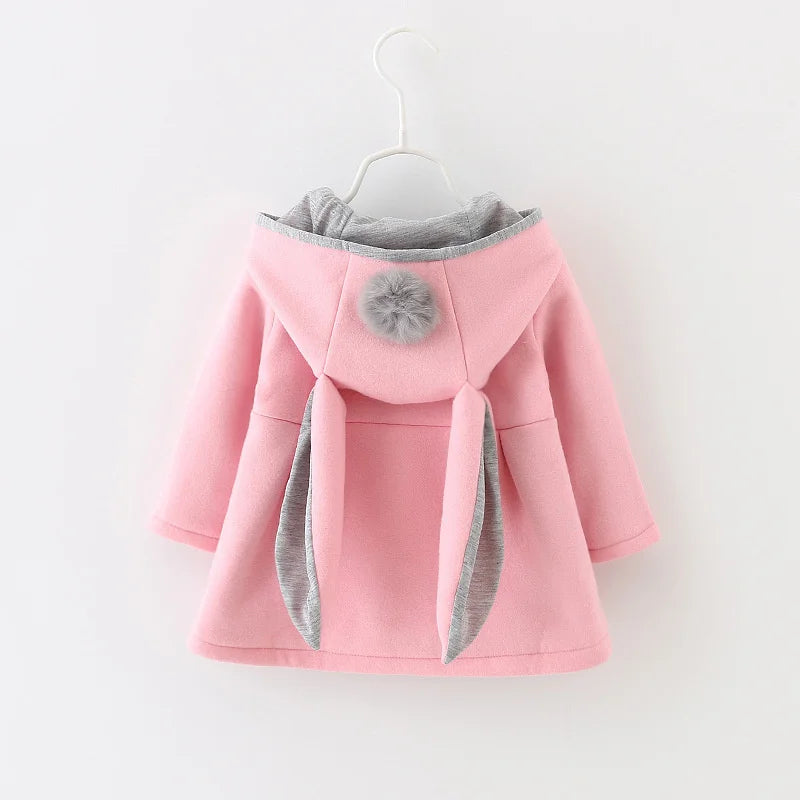 2025Children's coat Autumn Winter New Girl David Jacket Long Solid color Cute Cartoon Rabbit Ears Hooded Coat 0-5Y