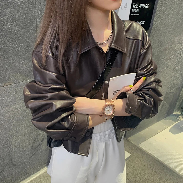 Nerazzurri Spring Autumn Brown Short Soft Pu Leather Jacket Women Long Sleeve Pocket Loose Casual Korean Fashion Clothing 2025