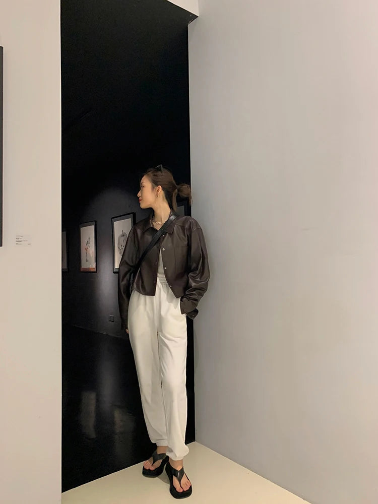 Nerazzurri Spring Autumn Brown Short Soft Pu Leather Jacket Women Long Sleeve Pocket Loose Casual Korean Fashion Clothing 2025