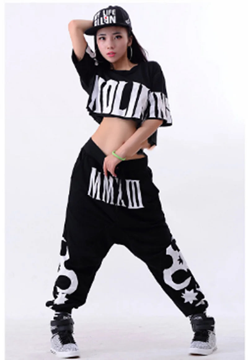 Hip Hop Costume Black Short Sleeve Loose Harem Pants Women Street Dance Clothing Ladies Stage Outfit Dj Ds Rave Wear top pant