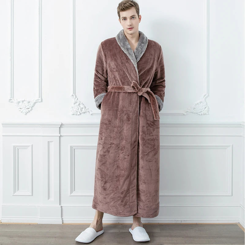 Men Winter Plus Size Long Flannel Bathrobe Warm Coral Fleece Kimono Bath Robe Night Cozy Sleepwear Women Jacquard Dressing Gown
