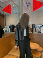 Nerazzurri Spring Autumn Brown Short Soft Pu Leather Jacket Women Long Sleeve Pocket Loose Casual Korean Fashion Clothing 2025