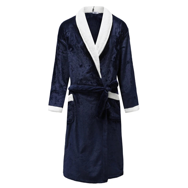 Autumn/Winter Men Nightgown Kimono Bathrobe Gown Coral Fleece Negligee V-neck Intimate Lingerie Solid Colour Sleepwear