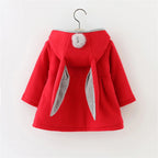 2025Children's coat Autumn Winter New Girl David Jacket Long Solid color Cute Cartoon Rabbit Ears Hooded Coat 0-5Y