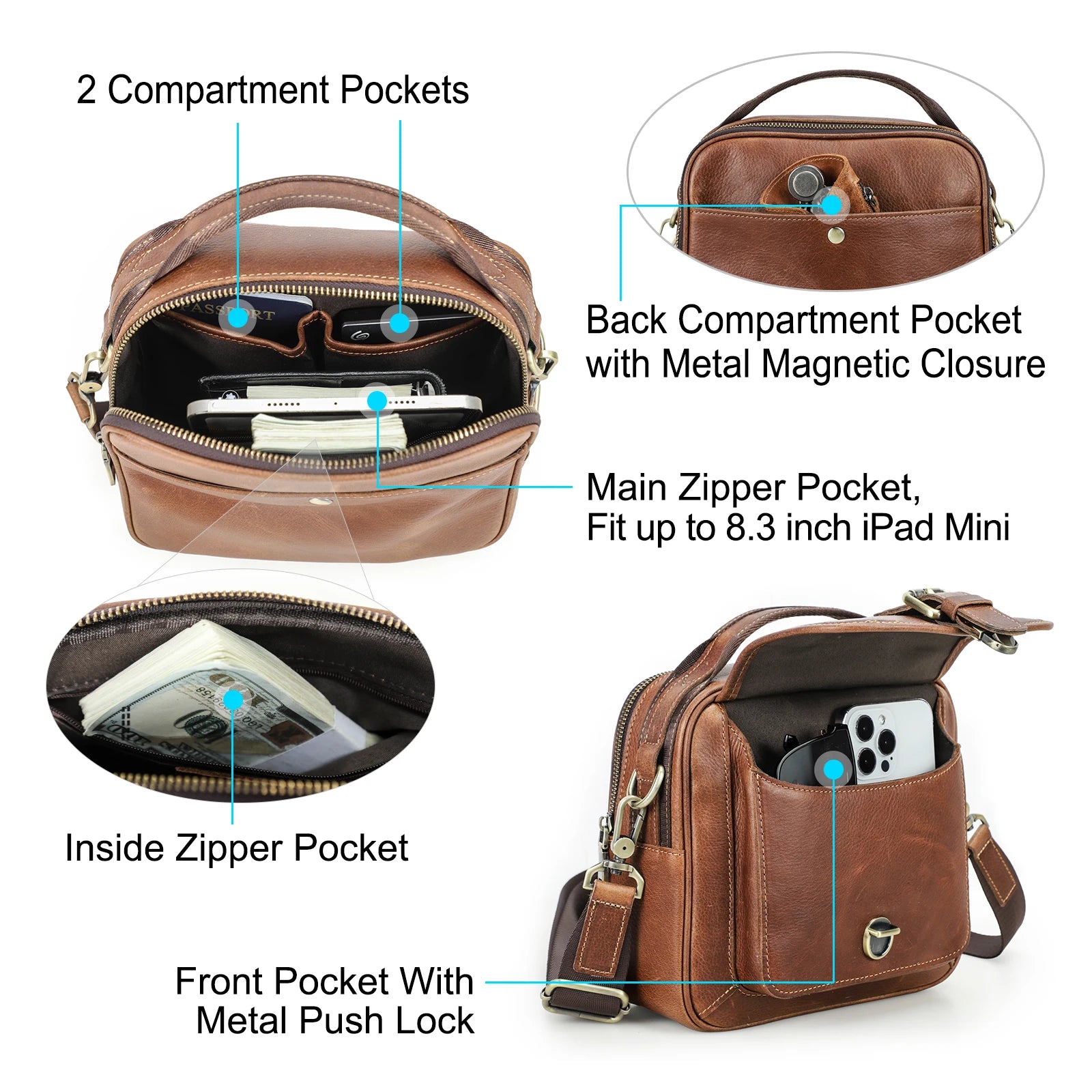 Contact's Factory Hot Sell Men's Vintage Genuine Leather Crossbody Messenger Bag New Shoulder Bag for Men Handbag Luxury