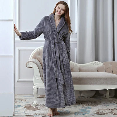 Men Winter Plus Size Long Flannel Bathrobe Warm Coral Fleece Kimono Bath Robe Night Cozy Sleepwear Women Jacquard Dressing Gown