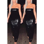 Sexy Sleeveless Long Leather Dress Women Strapless Floor Dress Hem Split Ladies Shiny Patent Leather Bodycon Halter Dress Custom