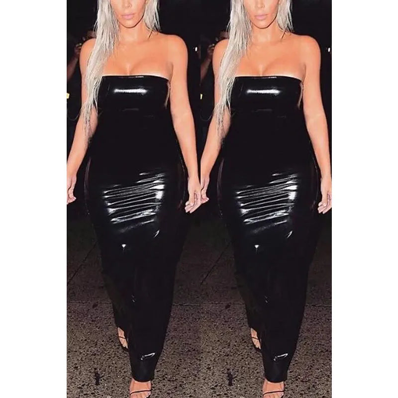 Sexy Sleeveless Long Leather Dress Women Strapless Floor Dress Hem Split Ladies Shiny Patent Leather Bodycon Halter Dress Custom