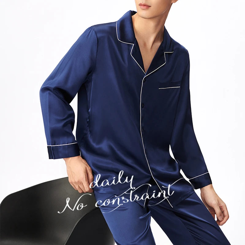 Men's 100% Real Silk Pajamas Set for Men Sleepwear