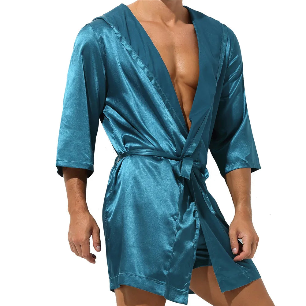 Mens Hooded Bath Robe Short Sleeve House Robe Satin Silk Lounge Bathrobes with Belt Men's Pajamas Homme Kimono Robes Sleepwear