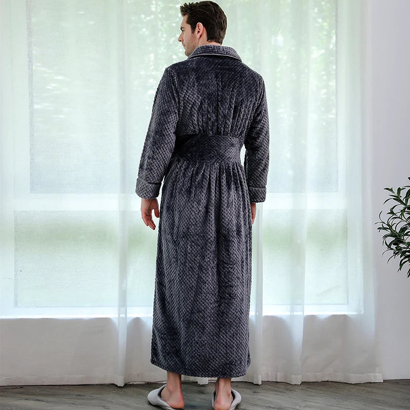 Men Winter Plus Size Long Flannel Bathrobe Warm Coral Fleece Kimono Bath Robe Night Cozy Sleepwear Women Jacquard Dressing Gown