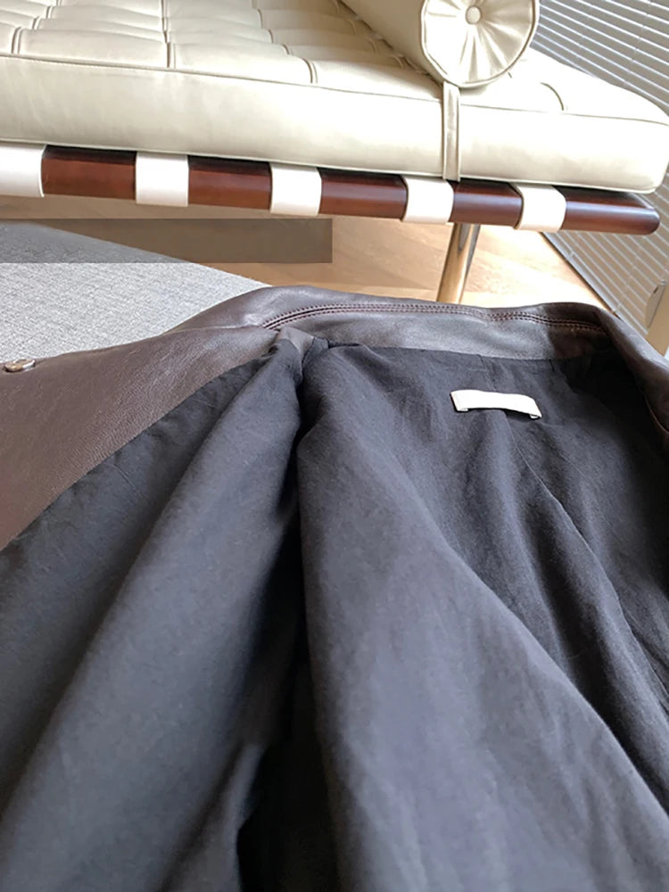 Nerazzurri Spring Autumn Brown Short Soft Pu Leather Jacket Women Long Sleeve Pocket Loose Casual Korean Fashion Clothing 2025