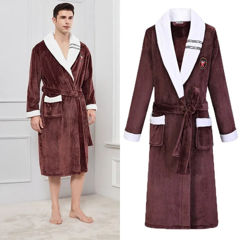 Autumn/Winter Men Nightgown Kimono Bathrobe Gown Coral Fleece Negligee V-neck Intimate Lingerie Solid Colour Sleepwear