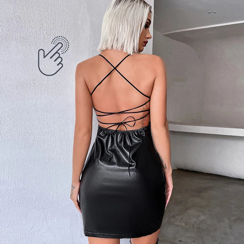 Summer PVC Bodycon Halter Sleeveless Dress Club Latex Leather Midi Dresses Women Bare Chest Hollow Sexy Bag Hip Skirt New Custom