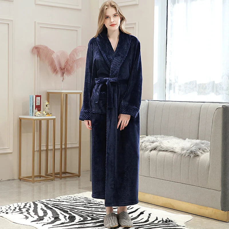 Men Winter Plus Size Long Flannel Bathrobe Warm Coral Fleece Kimono Bath Robe Night Cozy Sleepwear Women Jacquard Dressing Gown