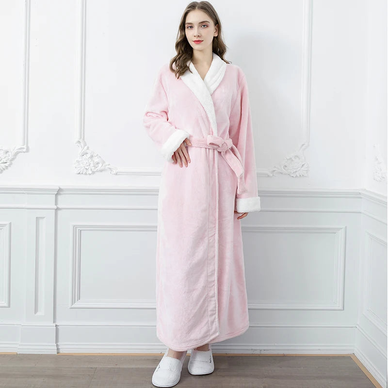 Men Winter Plus Size Long Flannel Bathrobe Warm Coral Fleece Kimono Bath Robe Night Cozy Sleepwear Women Jacquard Dressing Gown