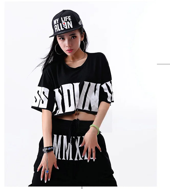 Hip Hop Costume Black Short Sleeve Loose Harem Pants Women Street Dance Clothing Ladies Stage Outfit Dj Ds Rave Wear top pant
