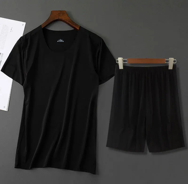 Men Ice Silk Pajamas Solid Shirt & Pants 2Pcs Pijamas Sleep Set Casual Male Home Clothes Summer Pyjamas Sleepwear Nightwear Suit