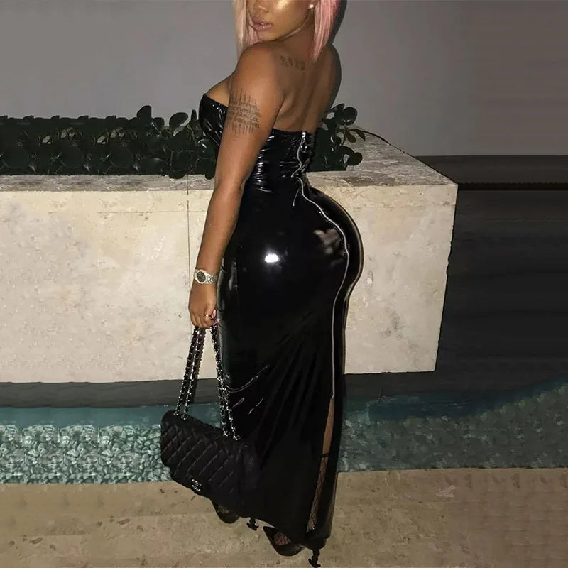 Sexy Sleeveless Long Leather Dress Women Strapless Floor Dress Hem Split Ladies Shiny Patent Leather Bodycon Halter Dress Custom