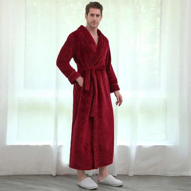Men Winter Plus Size Long Flannel Bathrobe Warm Coral Fleece Kimono Bath Robe Night Cozy Sleepwear Women Jacquard Dressing Gown