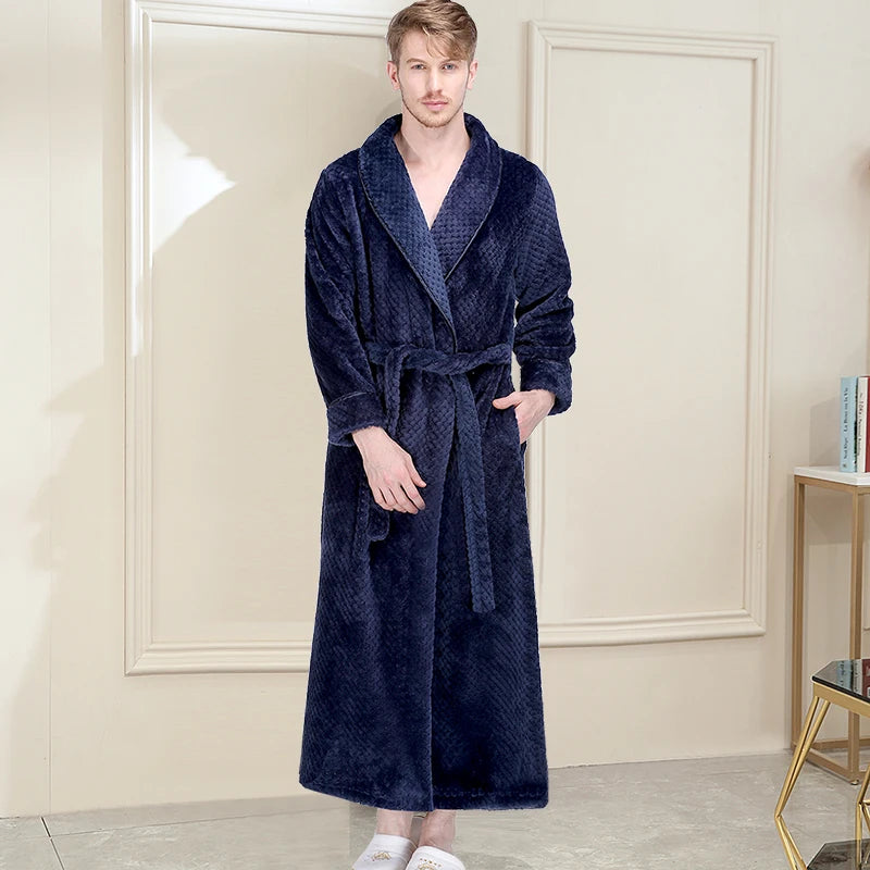 Men Winter Plus Size Long Flannel Bathrobe Warm Coral Fleece Kimono Bath Robe Night Cozy Sleepwear Women Jacquard Dressing Gown