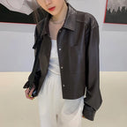 Nerazzurri Spring Autumn Brown Short Soft Pu Leather Jacket Women Long Sleeve Pocket Loose Casual Korean Fashion Clothing 2025