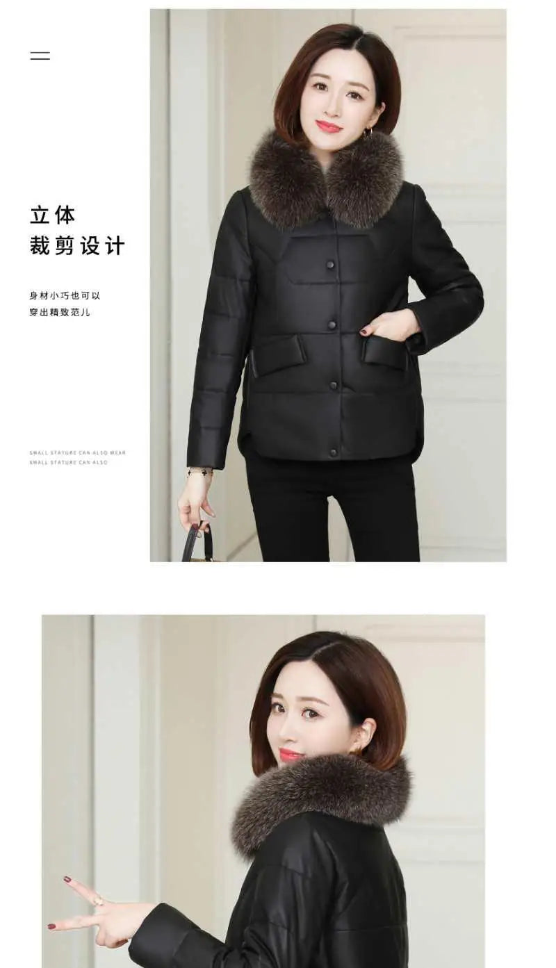 Women's PU Leather Jacket Winter Parkas Fashion Big Fur Collar Down Cotton Coat Female Leather Windbreaker Outerwear  Y765
